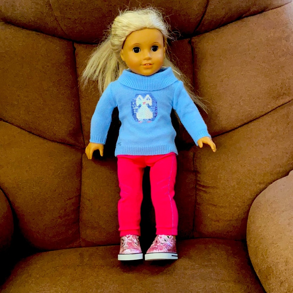 American Girl Doll Julie with Penguin Sequin Sweater Pink Pants & Sparkle shoes